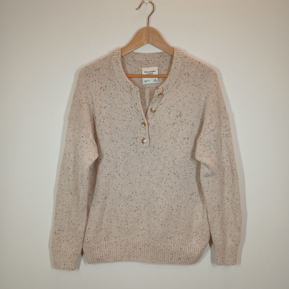 Abercrombie & Fitch Henley Sweater Women Medium Beige Wool Blend Preppy Classic